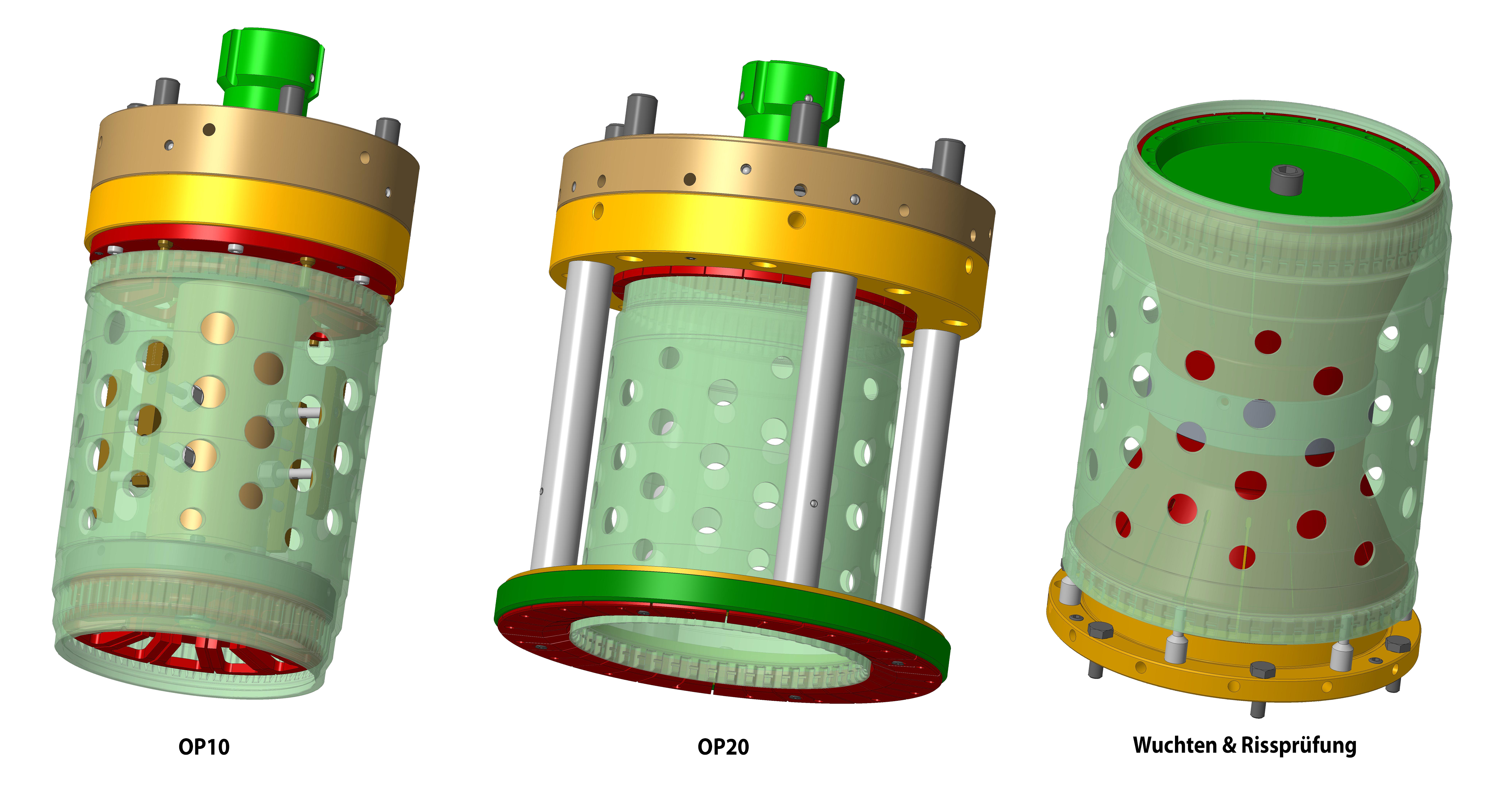 die drei RINGSPANN-Spannsysteme für die Bearbeitung und Qualitätssicherung der Getriebetöpfe aus Aluminium-Druckguss 